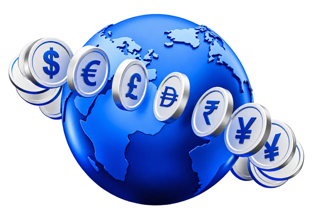 Globe surrounded by currency coins